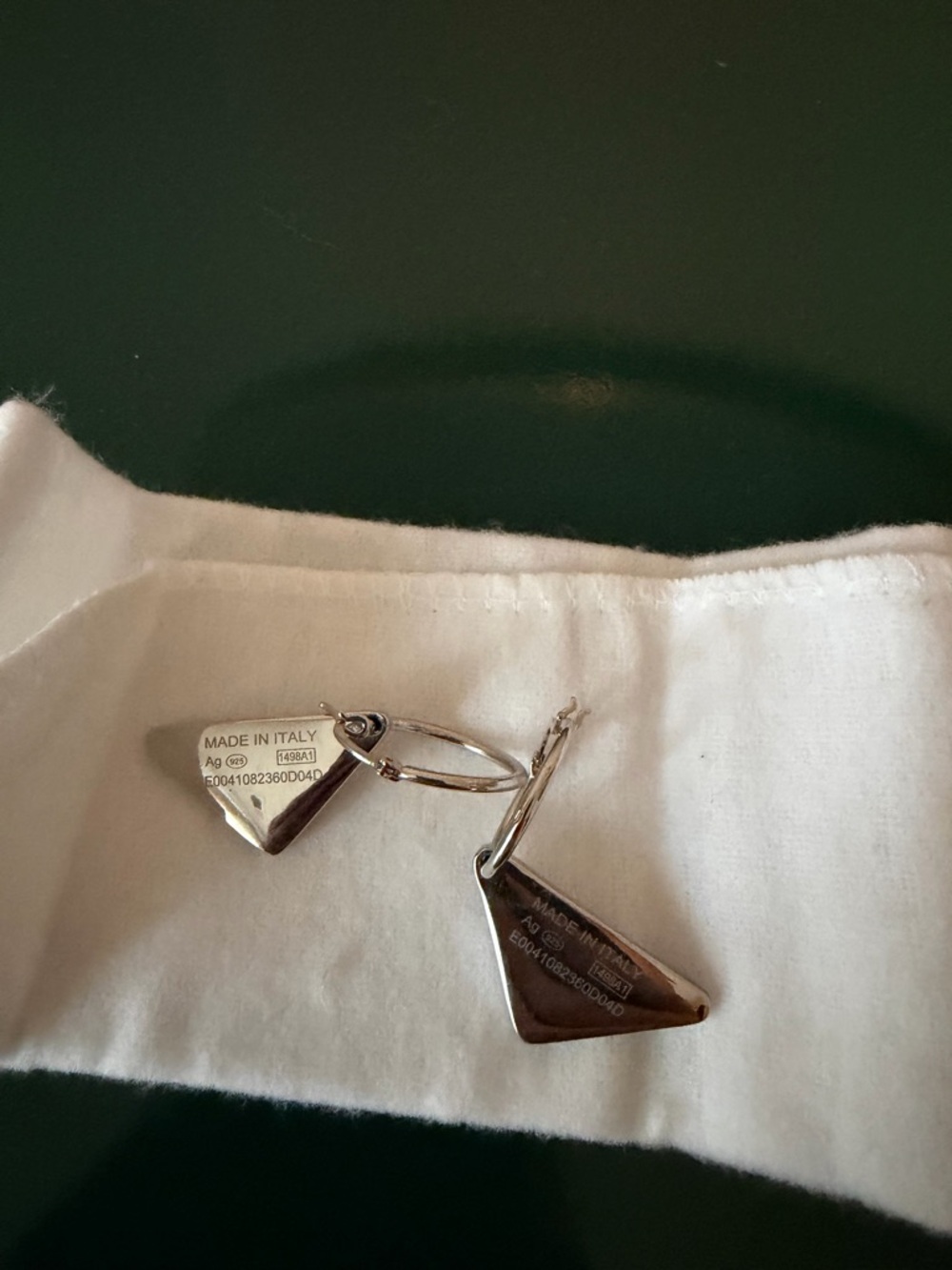 Prada Black Triangle Logo Hoop Earrings with Silver Tone - Picture 4 of 5